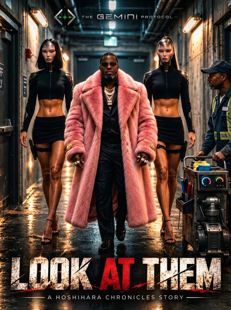 Cover art for *Look at Them: A Hoshihara Chronicles Story*. Eikken Pójsiedysz, wearing a luxurious pink fur coat, diamond jewelry, and dark sunglasses, strides through an industrial corridor flanked by two towering, black-clad gynoid bodyguards, Reika and Shion. A maintenance worker watches from beside his equipment. The Gemini Protocol logo appears above, with the distressed white-and-red story title below.